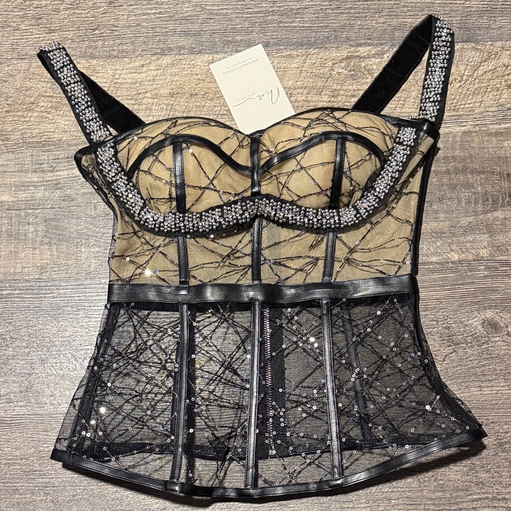 Glamorous Black and Tan Beaded Corset Top